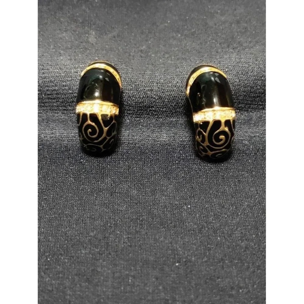 Vintage Camrose & Kross JBK Black Enameled Gold Plated Crystal Earrings Women's - Picture 3 of 8
